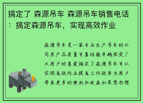 搞定了 森源吊车 森源吊车销售电话：搞定森源吊车，实现高效作业